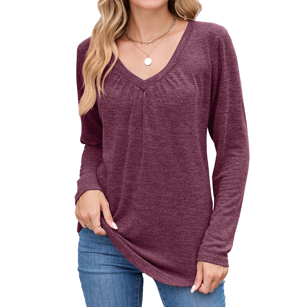 Women's casual long-sleeved shirt with V-neck and pleat detail NOVAE