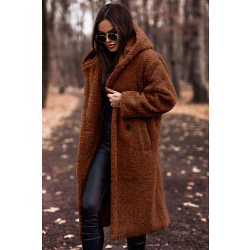 Women's cozy teddy coat with hood and button closure NOVAE