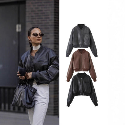 Women's leather bomber jacket with innovative zipper details NOVAE