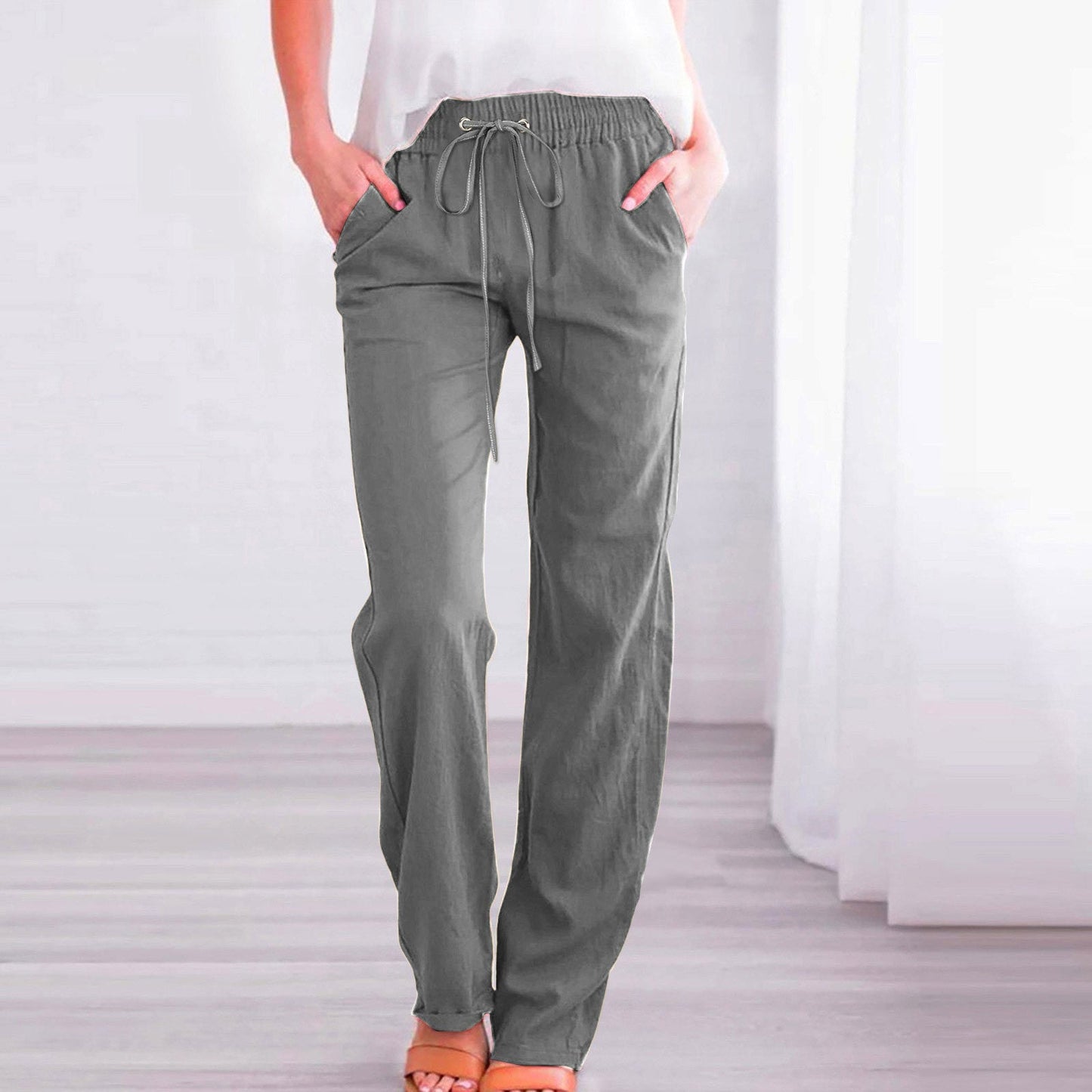 Women's Comfortable Linen Trousers with Elastic Waistband and Pockets NOVAE