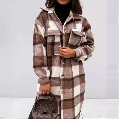 Women's Checkered Oversized Shirt Coat with Practical Pockets NOVAE