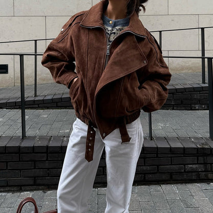 Women's faux leather jacket with a modern stand-up collar and practical zip pockets NOVAE