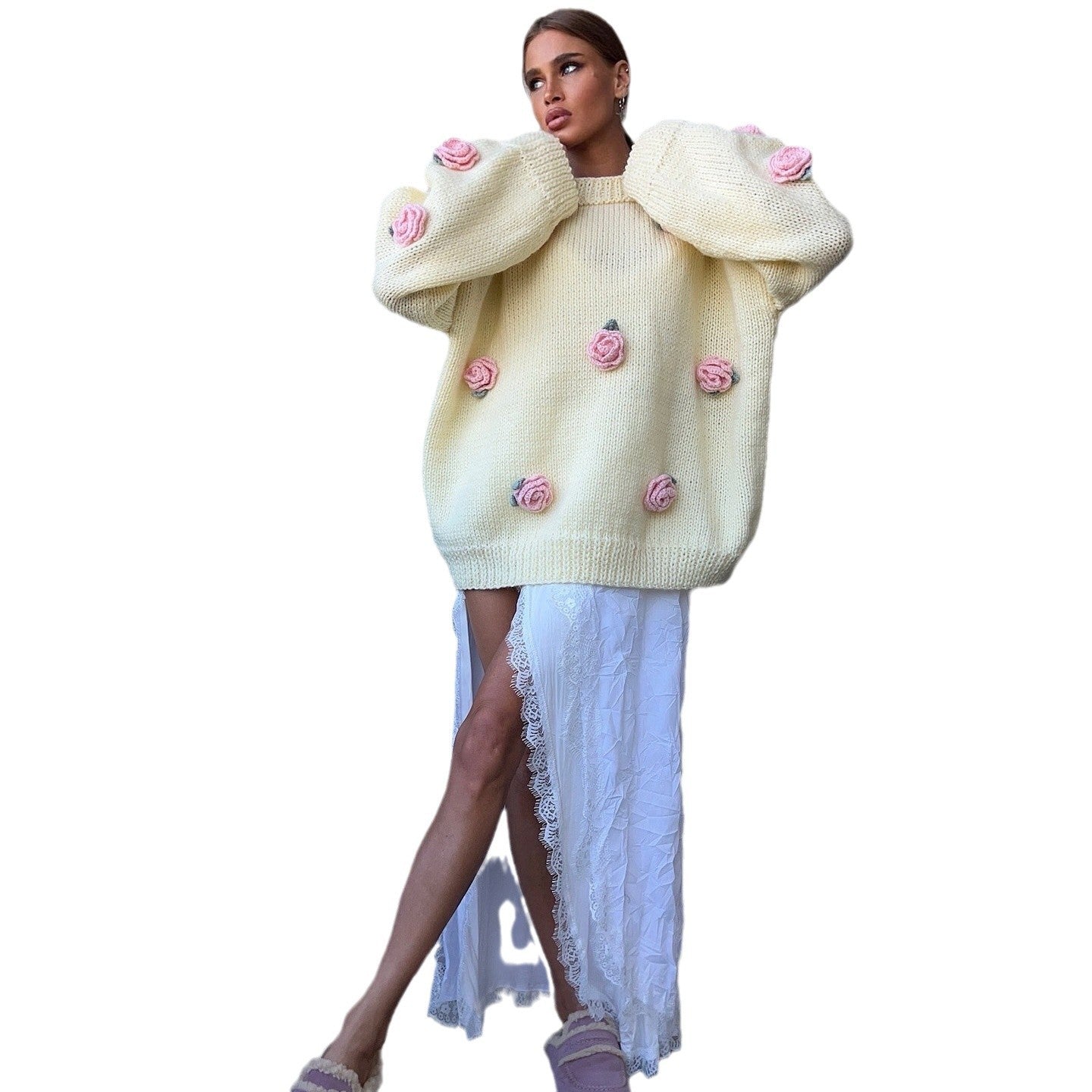 Women's knit sweater with floral appliqués and a relaxed fit NOVAE