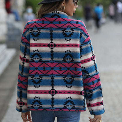 Women's fleece jacket in boho style with a unique geometric pattern and large buttons NOVAE
