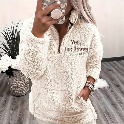 Women's cozy fleece pullover with short zipper and original NOVAE lettering