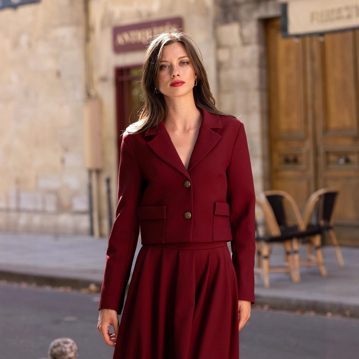 Women's elegant cropped blazer jacket with stylish button details NOVAE