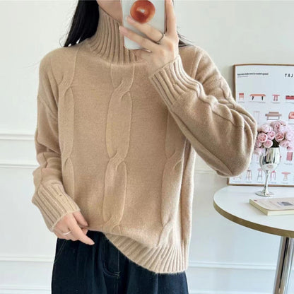Women's knitted sweater with high collar and cable pattern NOVAE