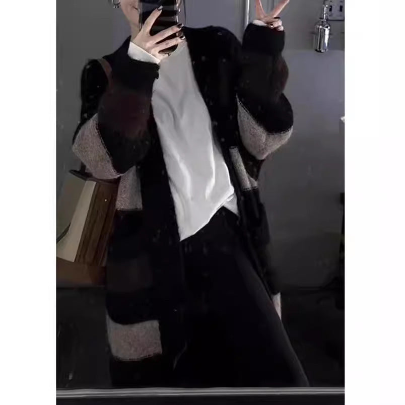 Women's long knit cardigan with geometric pattern NOVAE