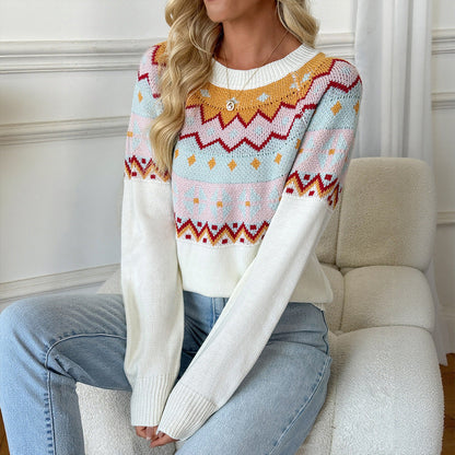 Women's knitted sweater with traditional pattern and dropped shoulders NOVAE