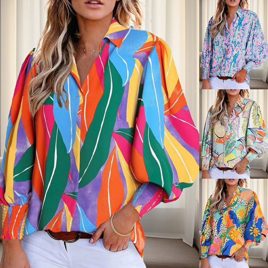 Women's shirt blouse in a vibrant floral design with dropped shoulders and elasticated cuffs NOVAE
