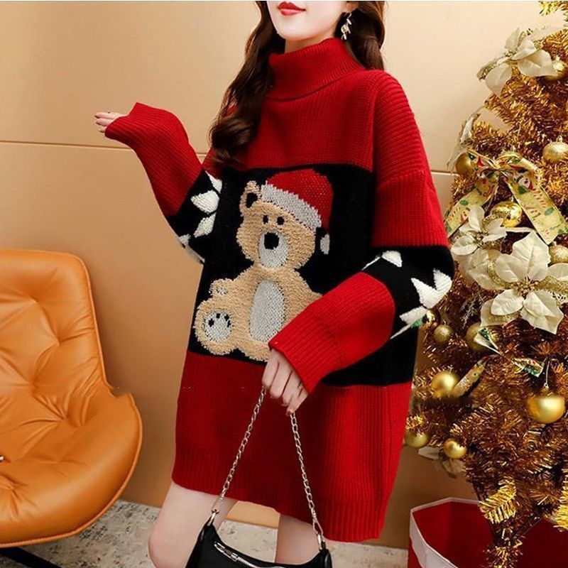 Women's Cozy Turtleneck Sweater with Festive Bear Motif NOVAE