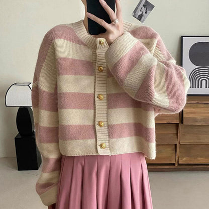 Women's cardigan with decorative striped pattern and gold buttons NOVAE