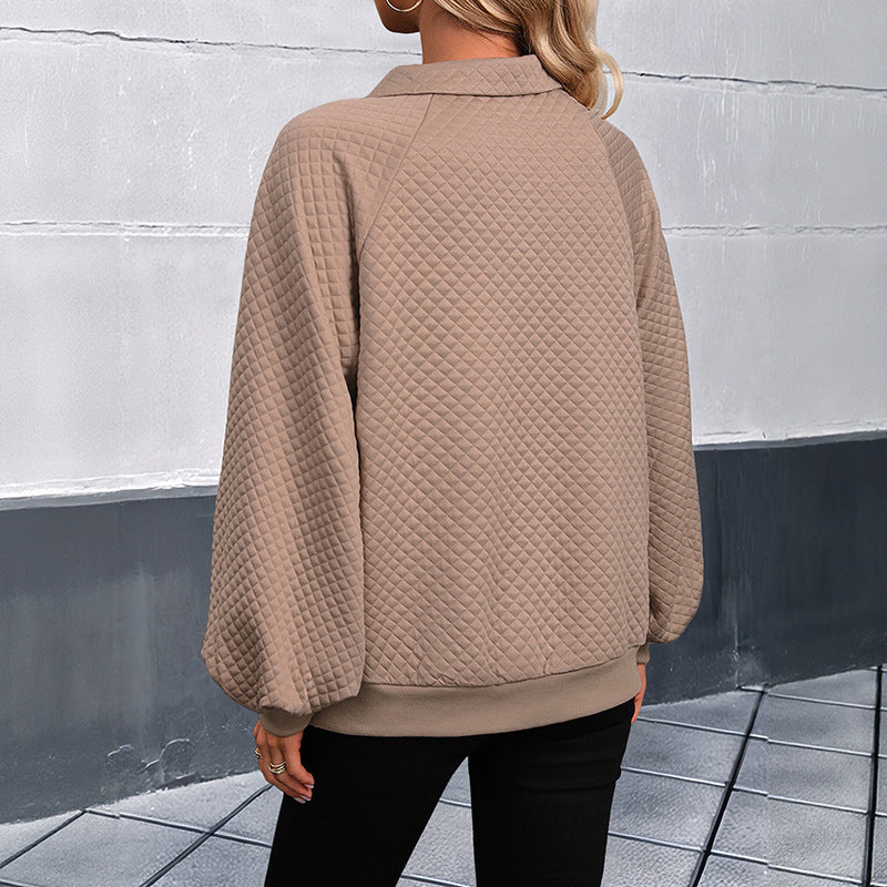 Women's oversized pullover with textured waffle pattern and button placket NOVAE