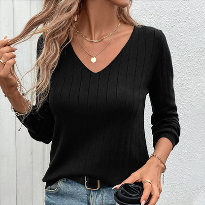 Women's V-neck pullover with ribbed texture and long sleeves NOVAE
