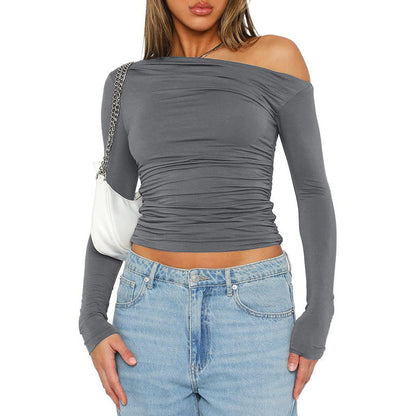 Women's fitted long-sleeved shirt with asymmetrical neckline and ruching NOVAE