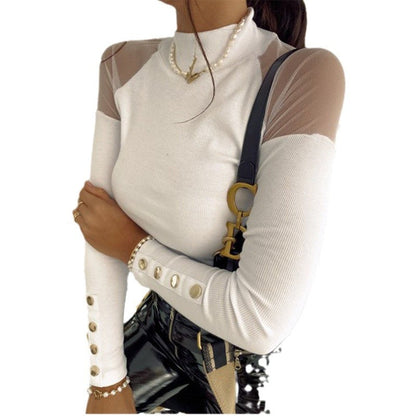 Women's long-sleeved shirt with sheer sleeves and button details NOVAE