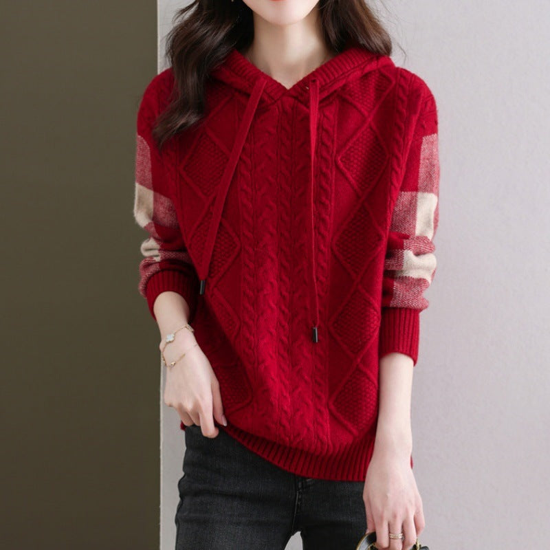 Women's knitted sweater with hood and fashionable check pattern NOVAE