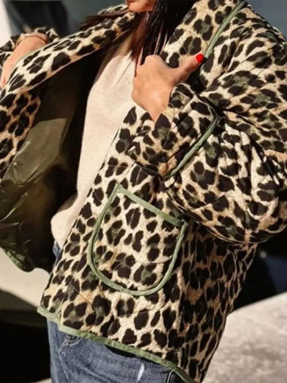 Women's fashionable quilted jacket with leopard print and pockets NOVAE