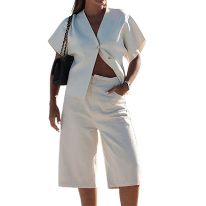 Women's fashionable blouse with V-neck and short sleeves NOVAE