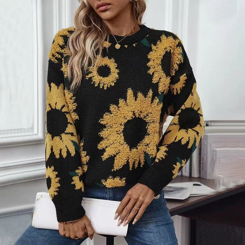 Women's chunky knit sweater with floral appliqués NOVAE