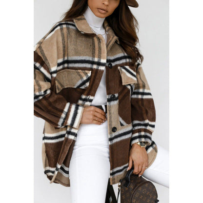 Women's Oversized Flannel Jacket with Check Pattern and Pockets NOVAE