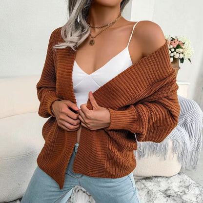 Women's chunky knit cardigan with wide sleeves and open V-neck NOVAE