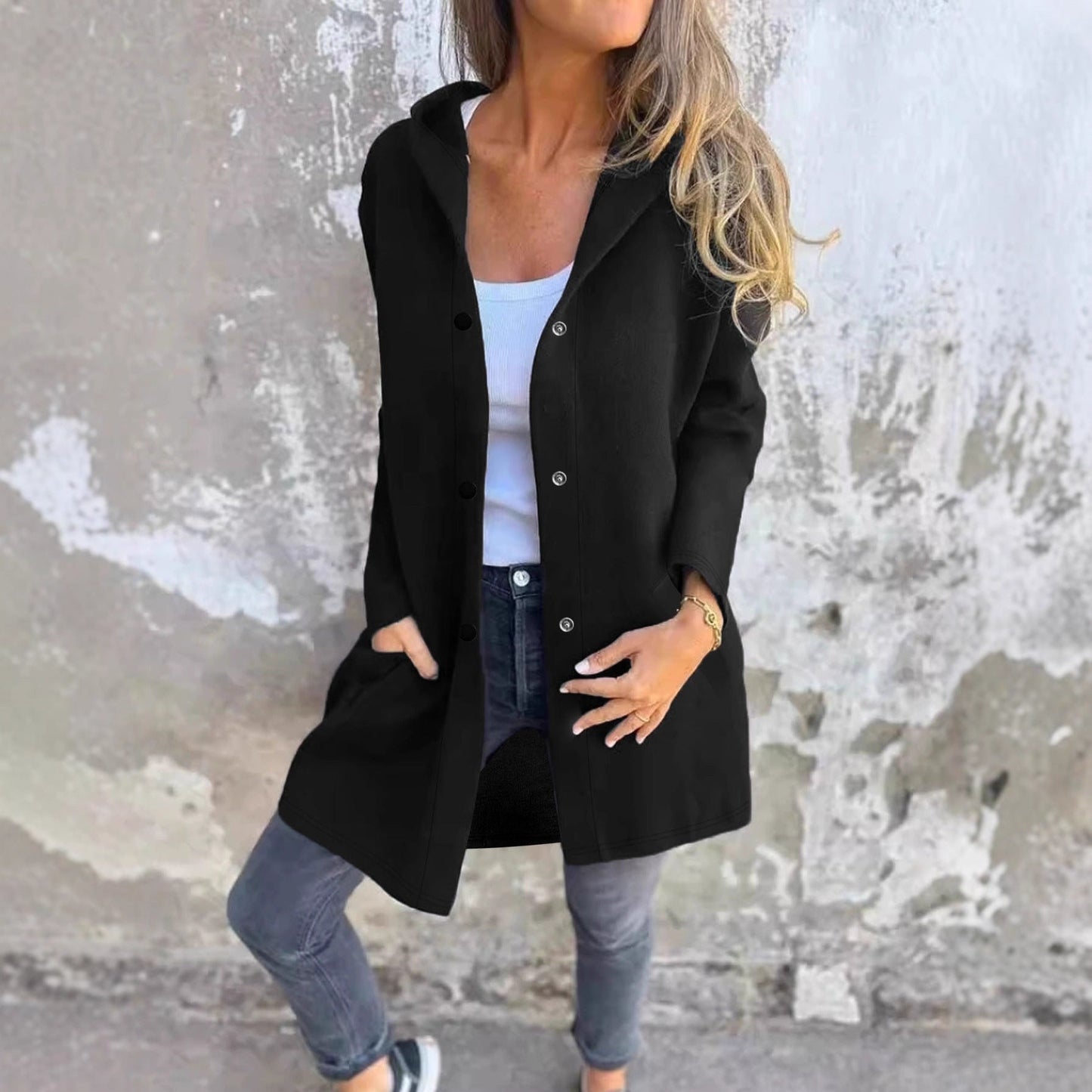 Women's fashionable long cardigan with hood and practical pockets NOVAE