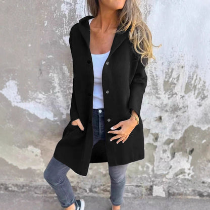 Women's fashionable long cardigan with hood and practical pockets NOVAE