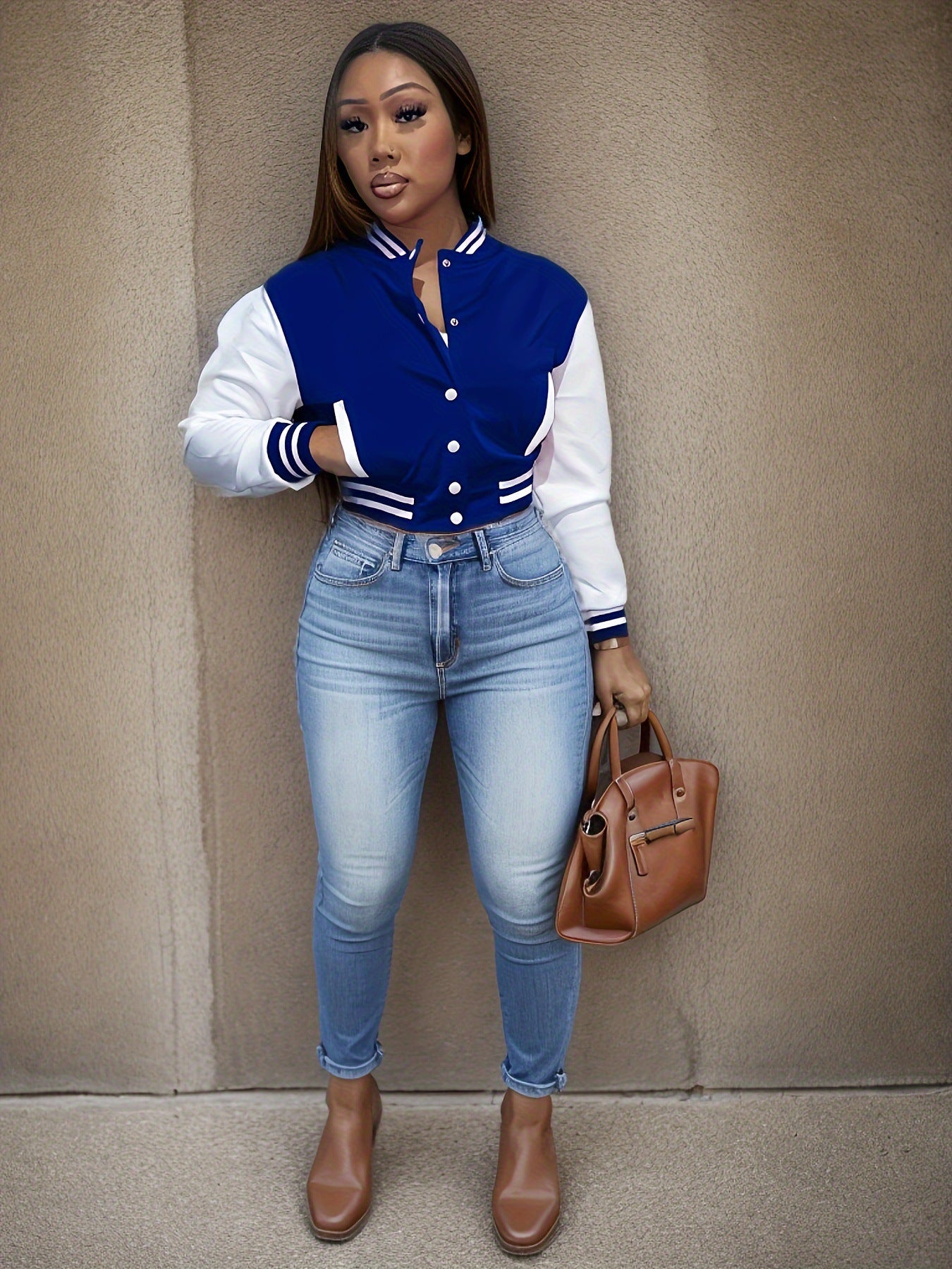 Women's varsity jacket with contrasting sleeves and structured collar NOVAE