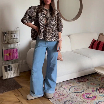 Women's lightweight short-sleeved leopard print top with intricate details NOVAE