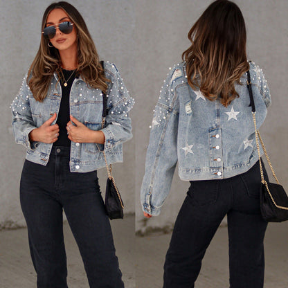 Women's denim jacket with eye-catching appliqués and oversized cut NOVAE