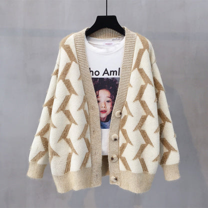 Women's chunky knit cardigan with modern zigzag pattern and button details NOVAE