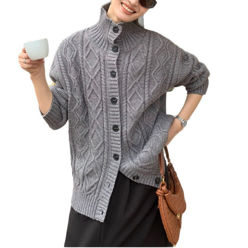 Women's cardigan with high collar and textured surface NOVAE