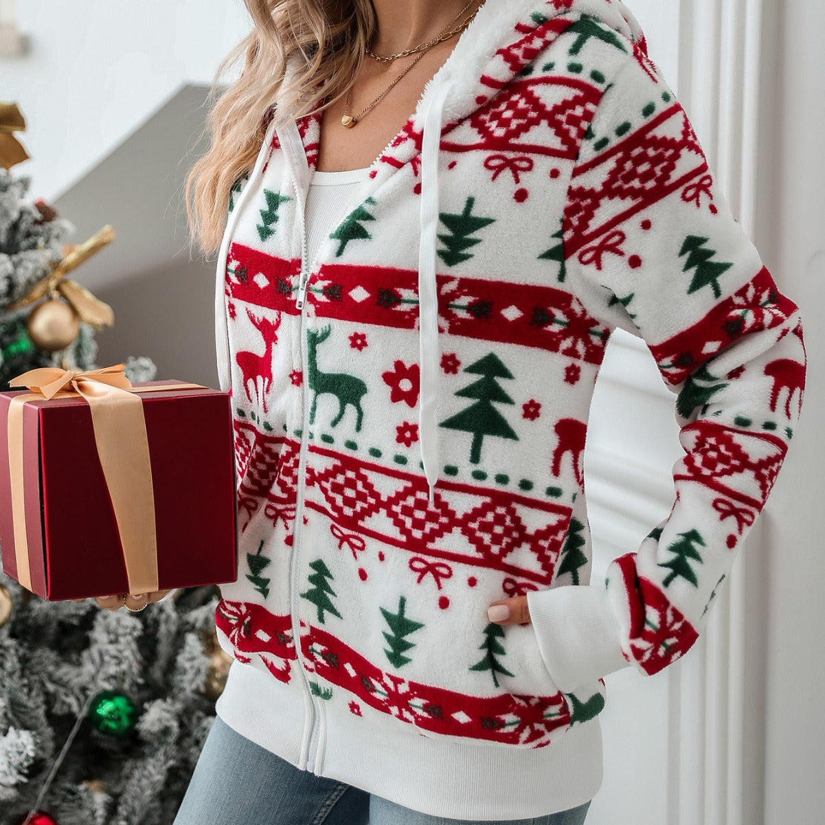 Women's Cozy Hooded Sweater with Festive Motif NOVAE