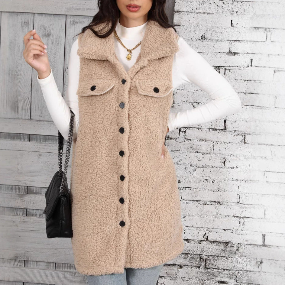 Women's Cozy Plush Vest with Patch Pockets and Fashionable Collar NOVAE