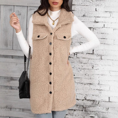 Women's Cozy Plush Vest with Patch Pockets and Fashionable Collar NOVAE