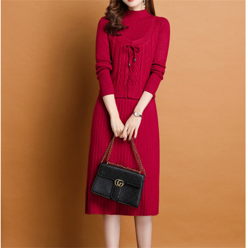 Women's elegant knit dress with high neckline and decorative cable design NOVAE