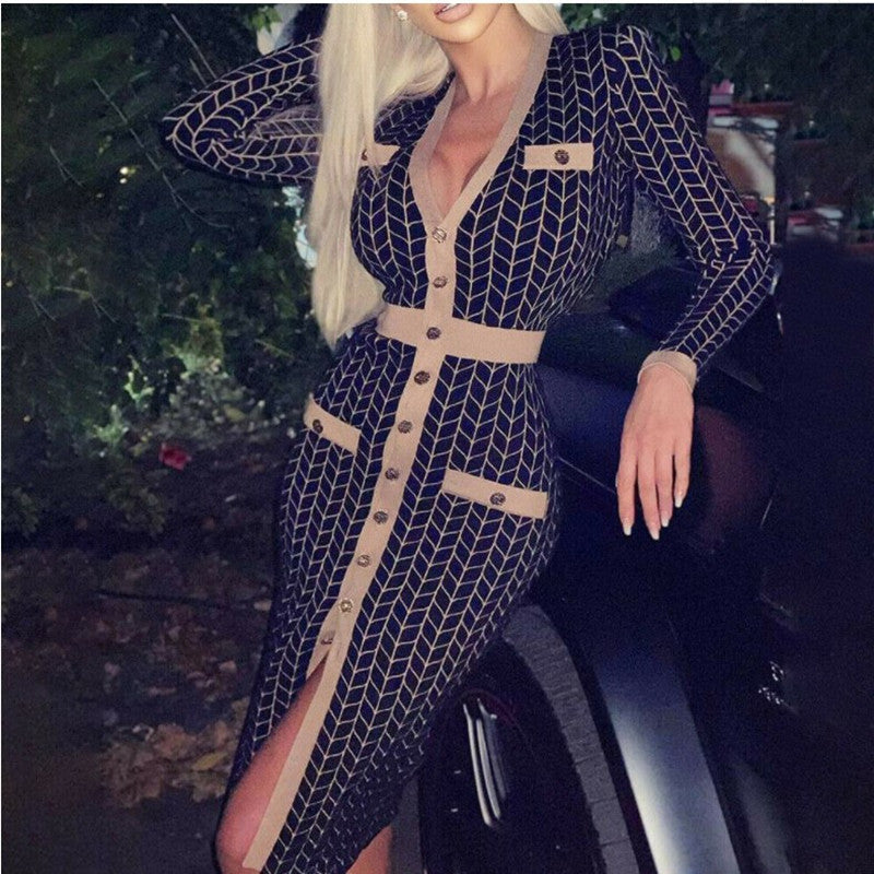 Women's knitted dress with button detailing and V-neck NOVAE