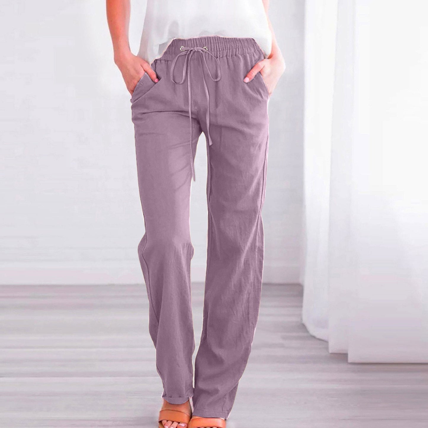 Women's Comfortable Linen Trousers with Elastic Waistband and Pockets NOVAE