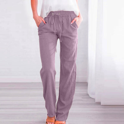 Women's Comfortable Linen Trousers with Elastic Waistband and Pockets NOVAE