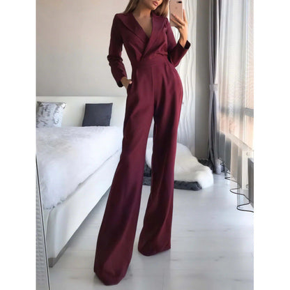Women's elegant jumpsuit with long legs and classic mock collar NOVAE
