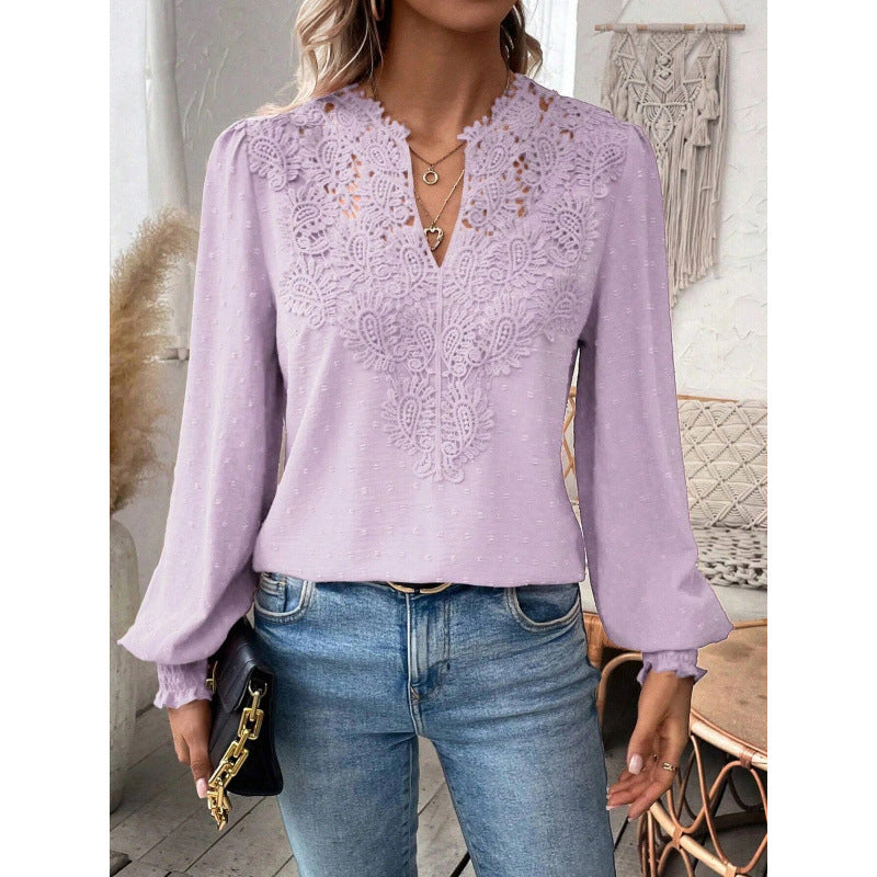 Women's blouse with embroidered V-neck and long sleeves NOVAE