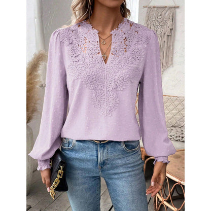 Women's blouse with embroidered V-neck and long sleeves NOVAE