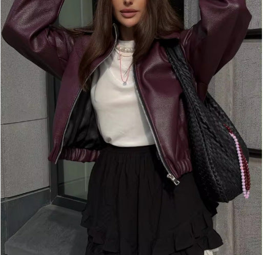 Women's casual leather jacket in a sporty style with elasticated waistband NOVAE