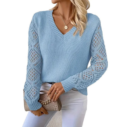Women's knitted sweater with sophisticated crochet sleeves and V-neck NOVAE