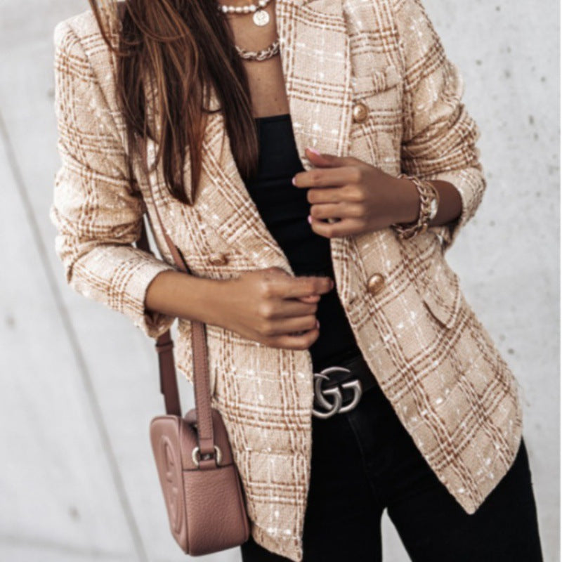 Women's Checkered Blazer with Gold Buttons and Textured Fabric NOVAE