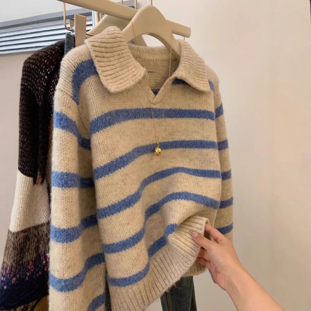 Women's V-neck knit sweater with textured stripe pattern NOVAE