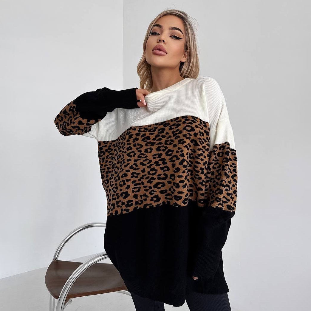 Women's fashionable oversized sweater with animal print and creative color block details NOVAE