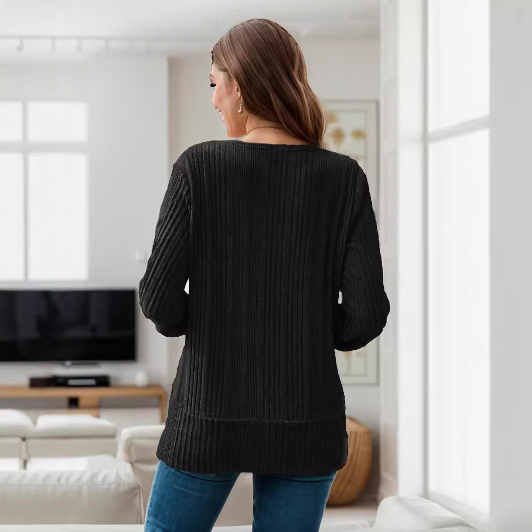 Women's casual knit sweater with deep V-neck and ribbed texture NOVAE