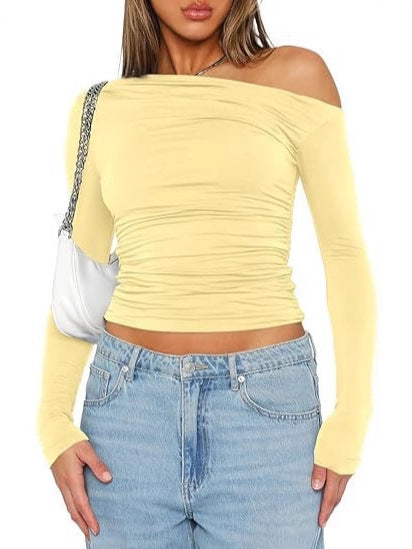 Women's fitted long-sleeved shirt with asymmetrical neckline and ruching NOVAE